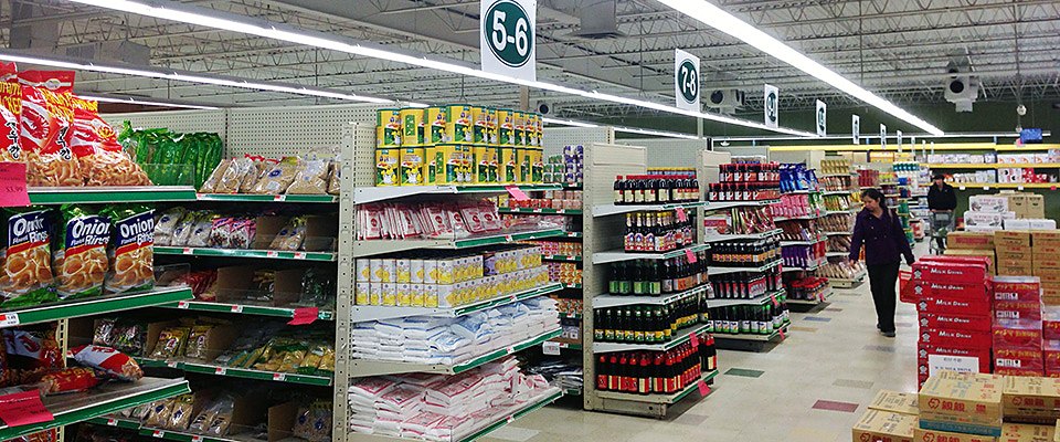 Aisles of snacks, sauces and pantry goods